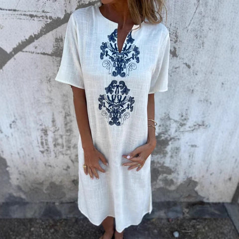 Women's Midi Dress – Natural Fibers – Relaxed Fit – Embroidered Front – Short Sleeves
