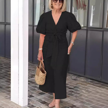 Dress for Women – Midi – Relaxed Fit – V-Neck – Waist Tie – Puff Sleeves – Natural Fibers