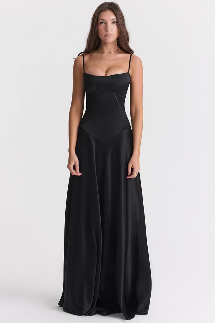 Dame Aftenkjole – Satinlook – Spaghettistropper – Åben Ryg – Gulvlang Elegance