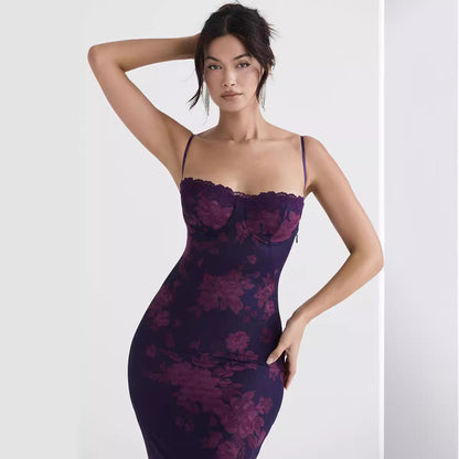 Dress for Women – Long – Slim Fit – Floral Print – Spaghetti Straps – Open Back – Sheer Hem