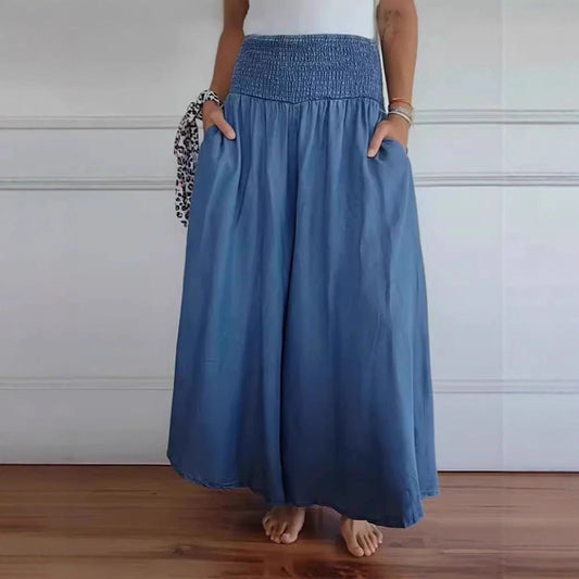 Women's Trousers with Wide Legs – Airy Fit – Smocked Waist – Light and Comfortable – With Pockets