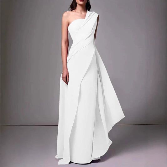 Women's Evening Dress – Floor-Length – Slim Fit – Asymmetric One Shoulder – Elegant Draping