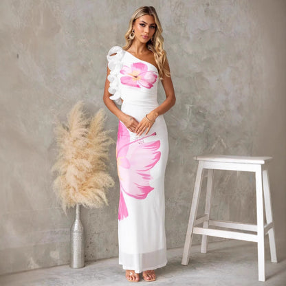 Kjole til kvinder – One-Shoulder – Slank pasform – Rynkedetaljer – Blomstermønster – Fuld længde