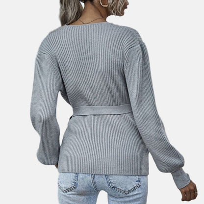 Women’s Wrap Sweater - Ribbed Knit - Long Sleeve Belted Top