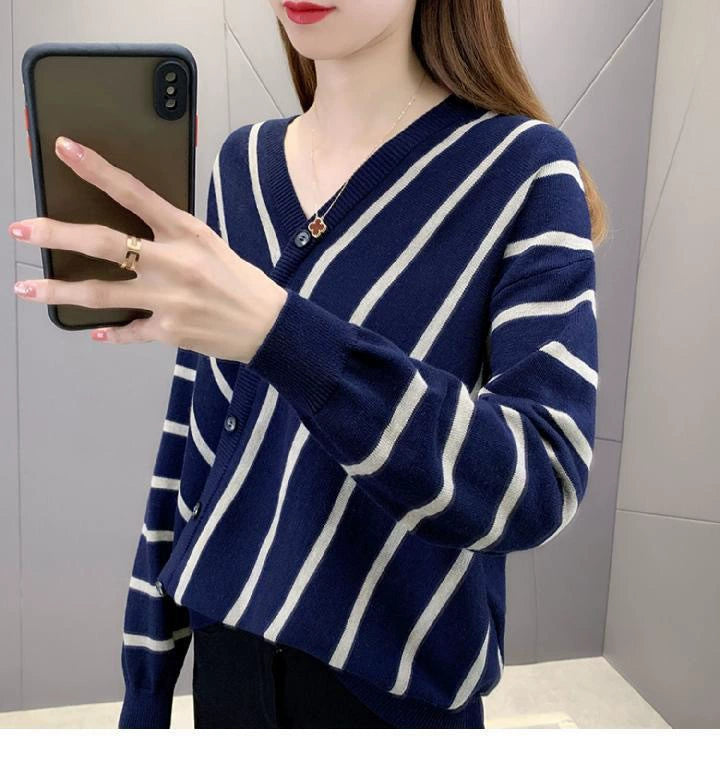 Women's Striped V-Neck Knit Cardigan for Women – Button-Up Long Sleeve Top