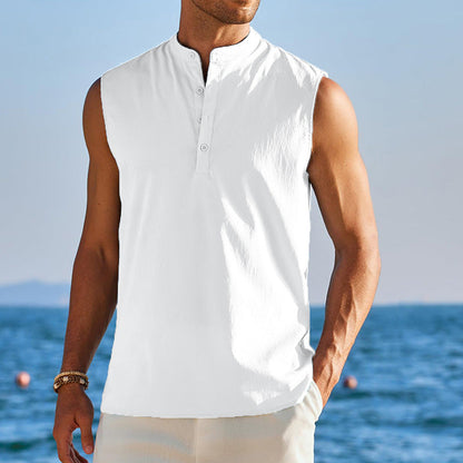 Men's Vest – Sleeveless – Light Cotton Blend – Mandarin Collar – Relaxed Fit
