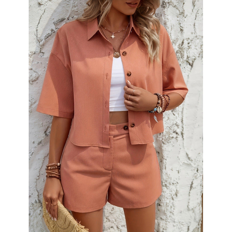Women's Set with Shirt and Shorts – Relaxed Fit – Light and Breathable – Button Closure