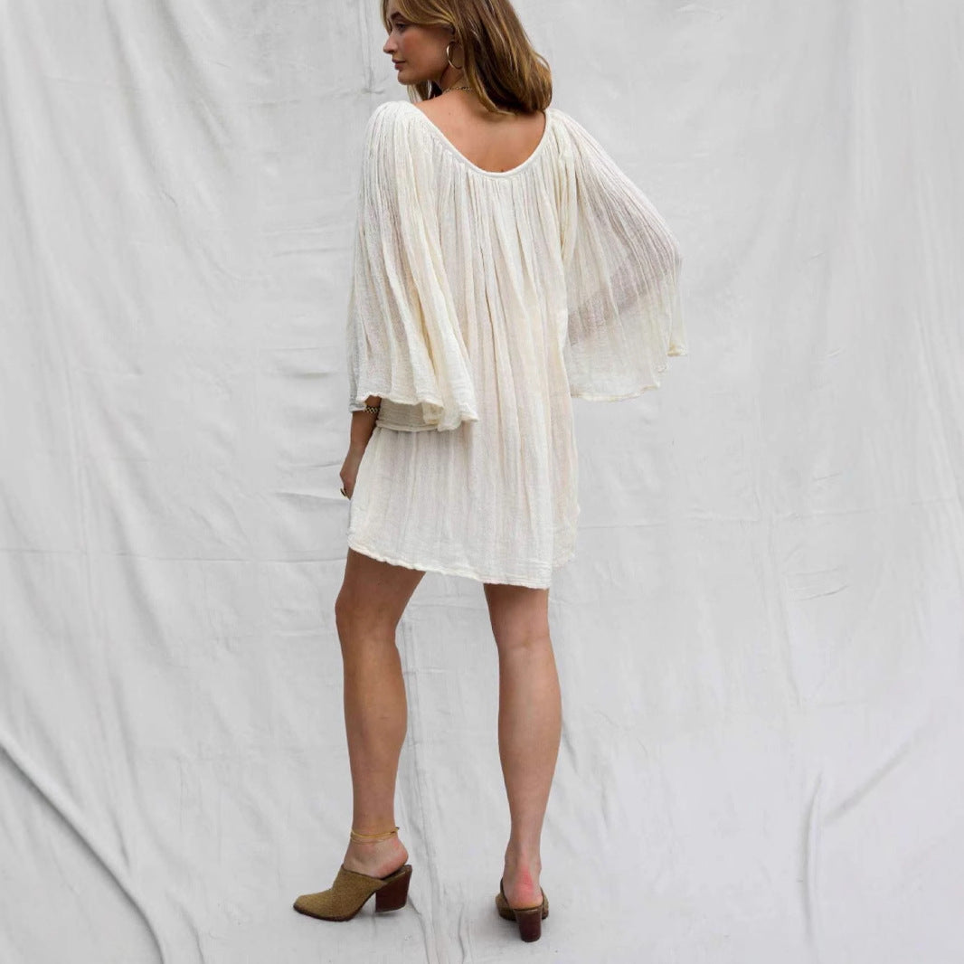 Women's Dress – Loose Fit – V-Neck – 3/4 Sleeves – Belt at Waist – Mini Length