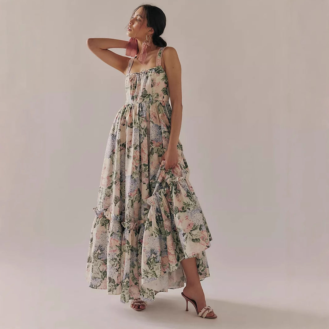 Women's Maxi Dress – Chiffon – Loose A-Line – Pleated – Spaghetti Strap – Floral Print