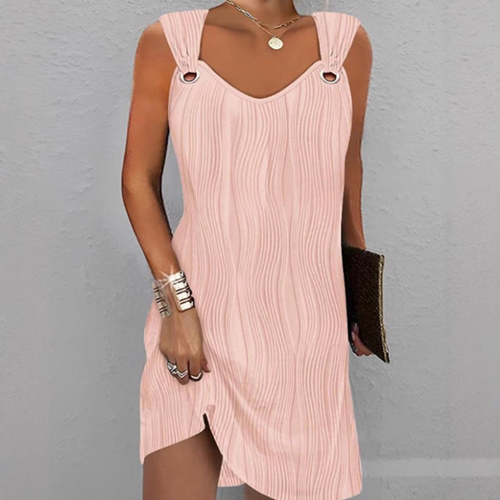 Dress for women – Slim fit mini – Soft knit – V-neck – Wavy pattern – Slit