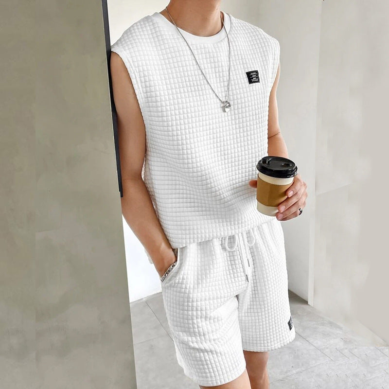 Men's Set with Sleeveless Top and Shorts – Waffle Knit – Relaxed Fit – Loungewear