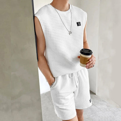 Men's Set with Sleeveless Top and Shorts – Waffle Knit – Relaxed Fit – Loungewear