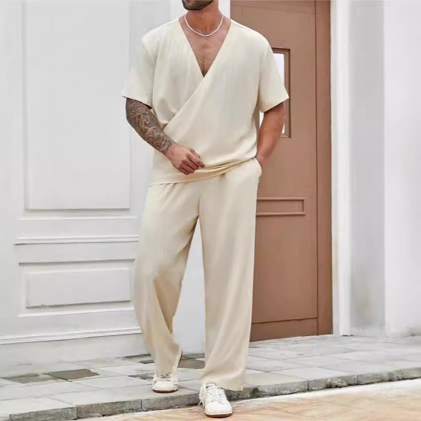 Men's Set – Relaxed Fit – V-neck Short-sleeved Top – Lightweight Breathable Fabric Pants