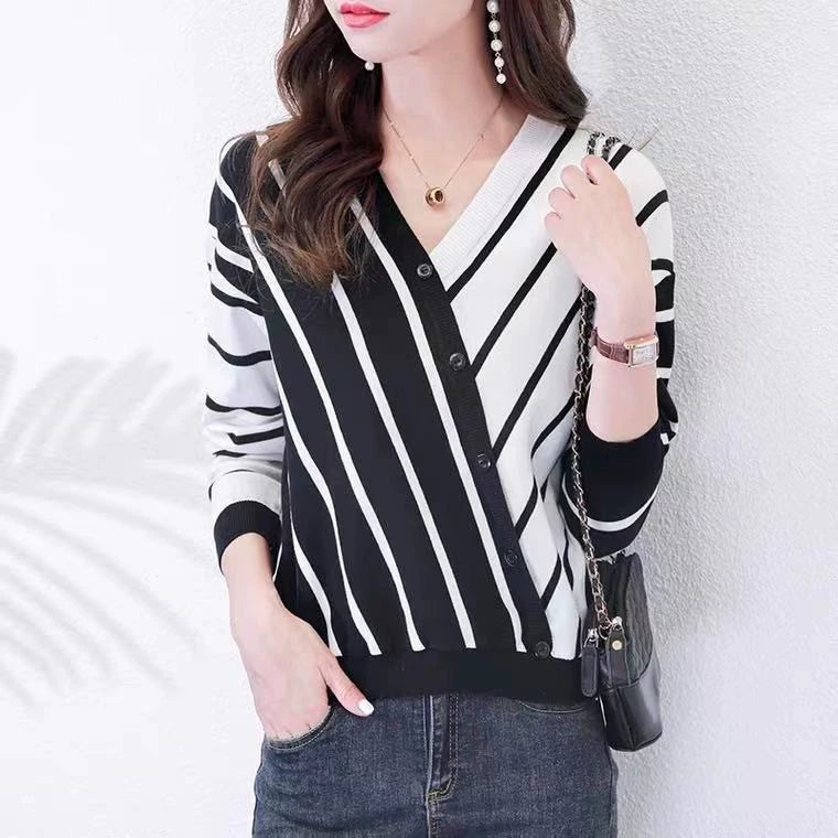 Women's Striped V-Neck Knit Cardigan for Women – Button-Up Long Sleeve Top
