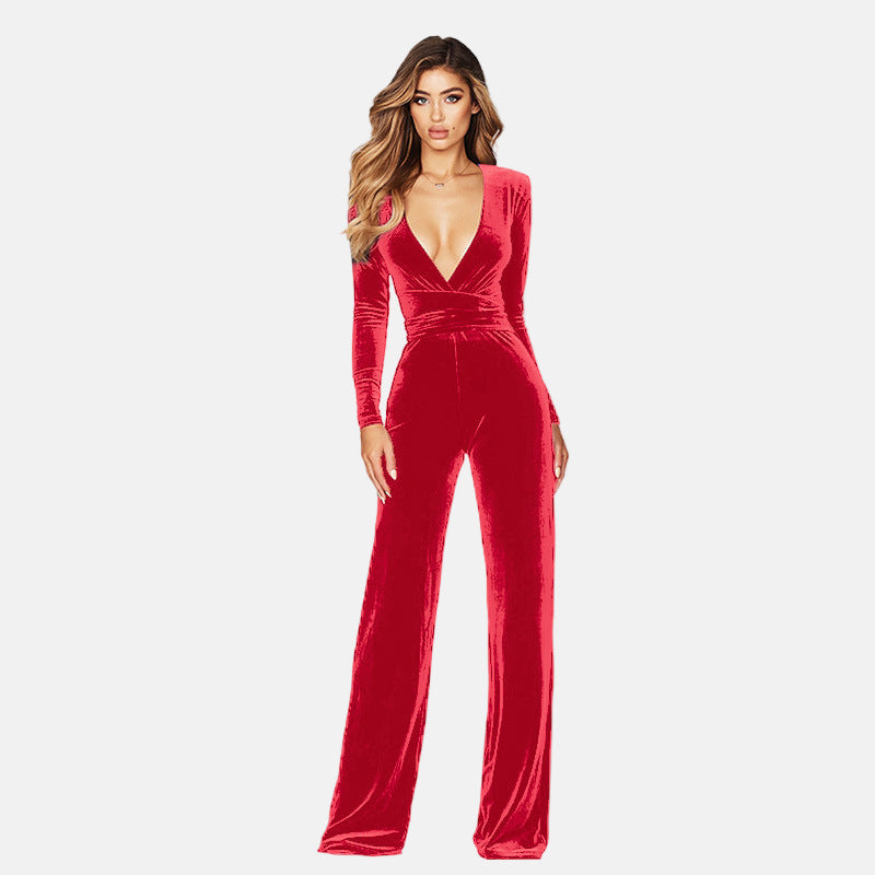 Women's Jumpsuit - Velvet Wrap V-Neck - Long Sleeve Wide Leg