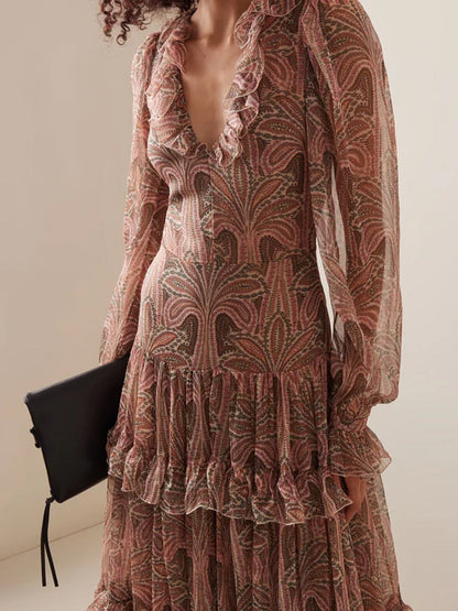 Dress for Women – Long Bohemian Dress – Ruched V-Neck – Ruffle Details – Soft Sleeves