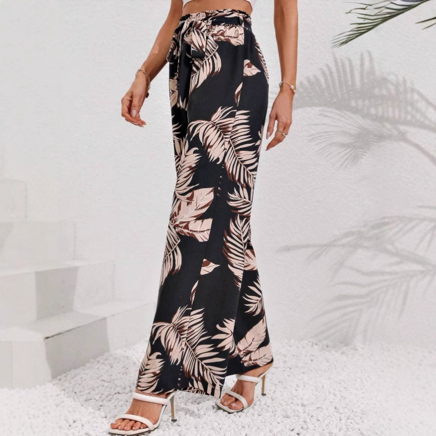 Women's Pants – Wide Leg – High Waist Tie Belt – Bohemian Print – Light Breathable Quality