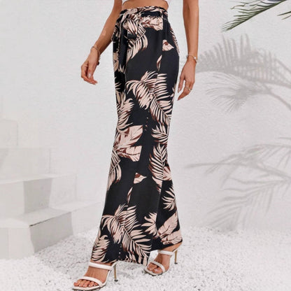 Women's Pants – Wide Leg – High Waist Tie Belt – Bohemian Print – Light Breathable Quality