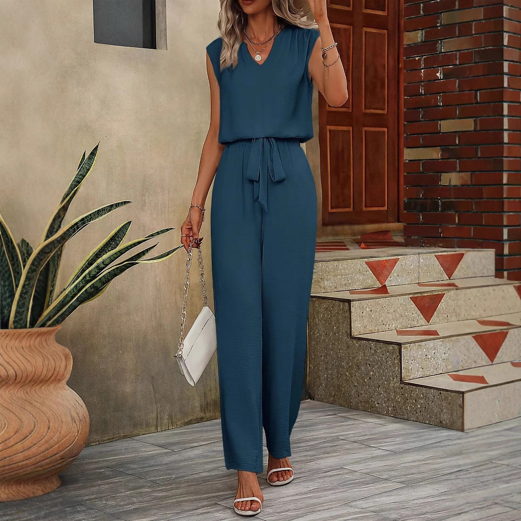 Women's Set – Sleeveless V-Neck Top – Adjustable Waist – Wide-Leg Pants – Breathable Quality