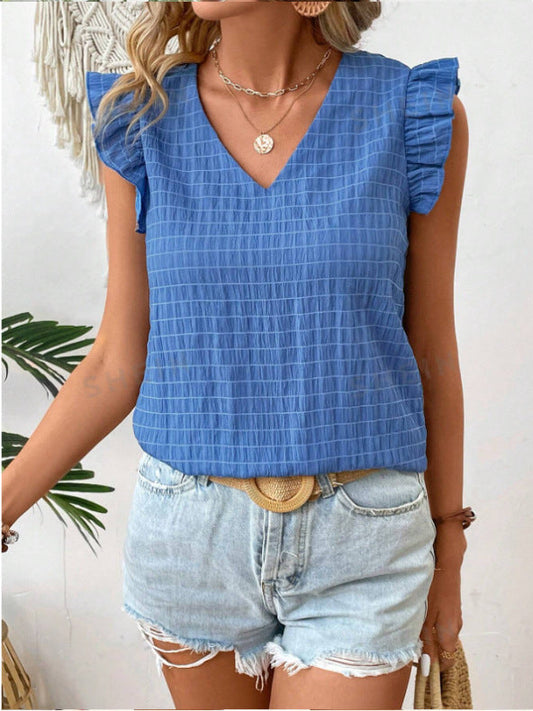 Women's Top – V-Neck – Relaxed Fit – Ruched Texture – Ruffle Sleeves