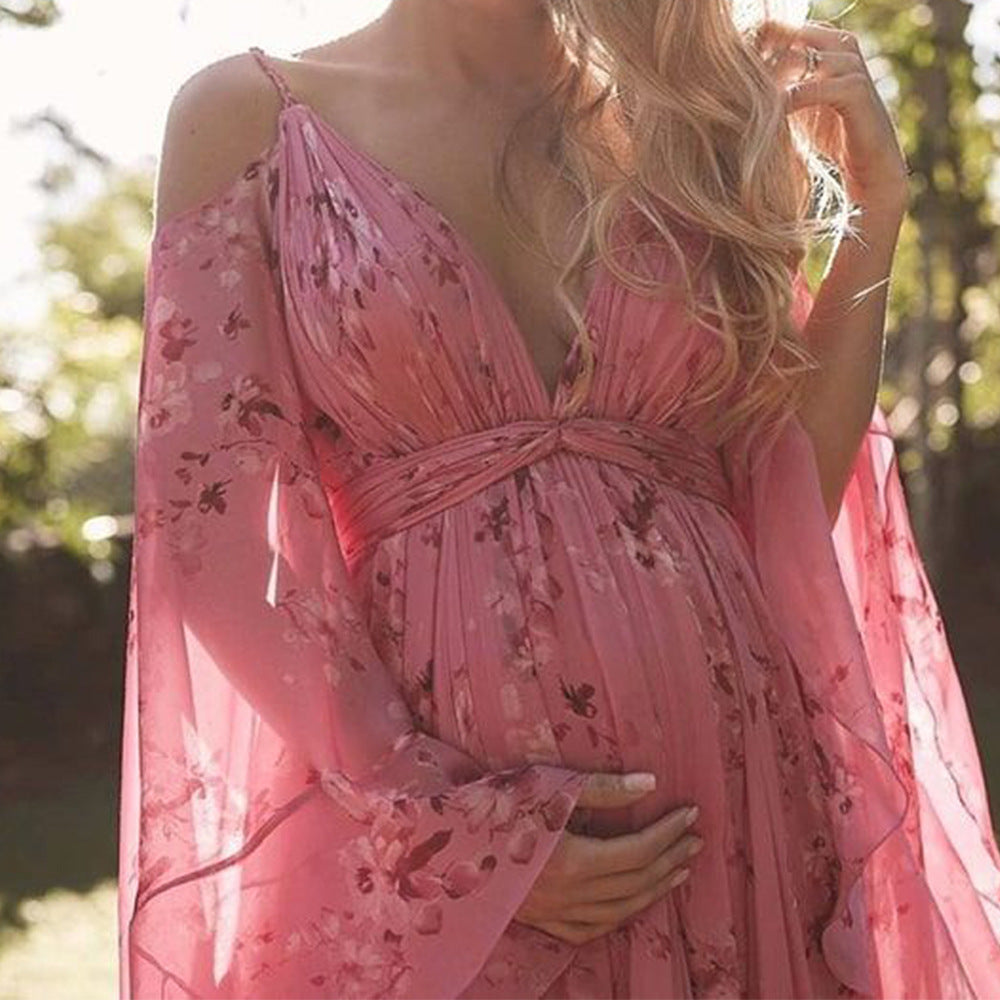 Women's Maxi Dress – Elegant Fit – Empire Waist – Luxury Material – V-Neck – Butterfly Sleeves