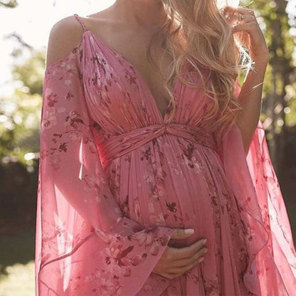 Women's Maxi Dress – Elegant Fit – Empire Waist – Luxury Material – V-Neck – Butterfly Sleeves