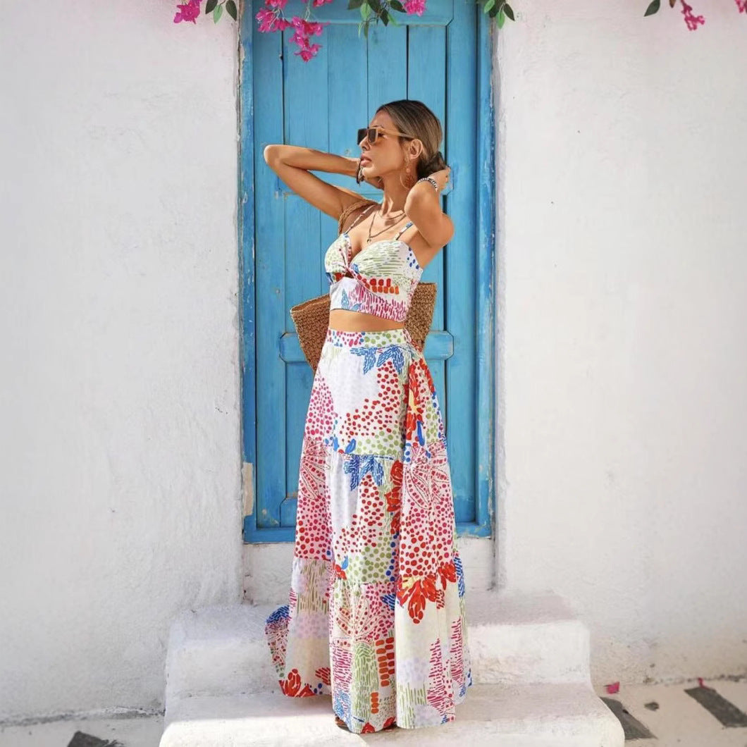 Women's Set – Crop Top with Spaghetti Straps – A-line Maxi Skirt – Breathable Cotton