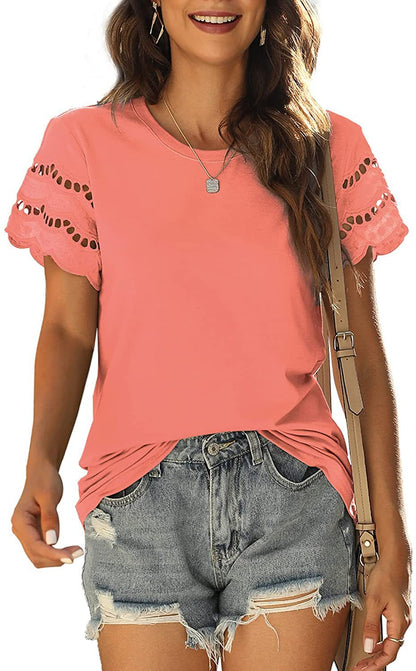 Women's Blouse - Soft and Comfortable - Short Sleeve with Lace Edge - Round Neck