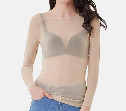 Women's Mesh Blouse – Long Sleeve – Slim Fit – Transparent Lightweight Design