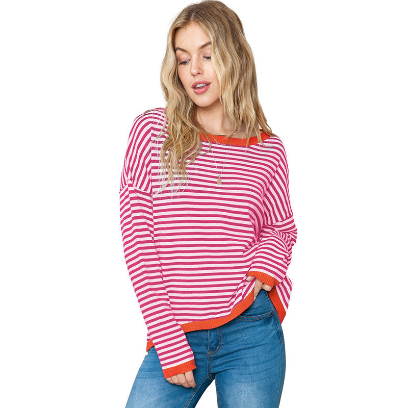 Women's Sweater – Relaxed Fit – Knit with Stripes – Drop Shoulder – Ribbed Edges