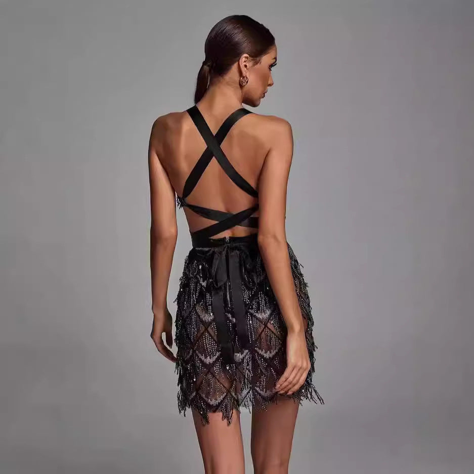 Dress for Women – Midi – Fitted – Deep V-neck – Sequins and Fringes