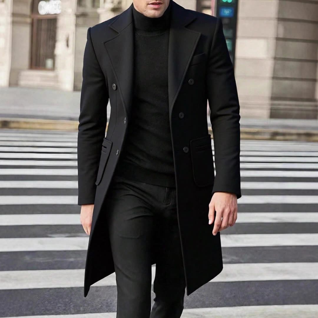 Men's Long Tailored Coat - Double-Breasted Classic - Elegant Urban Wear