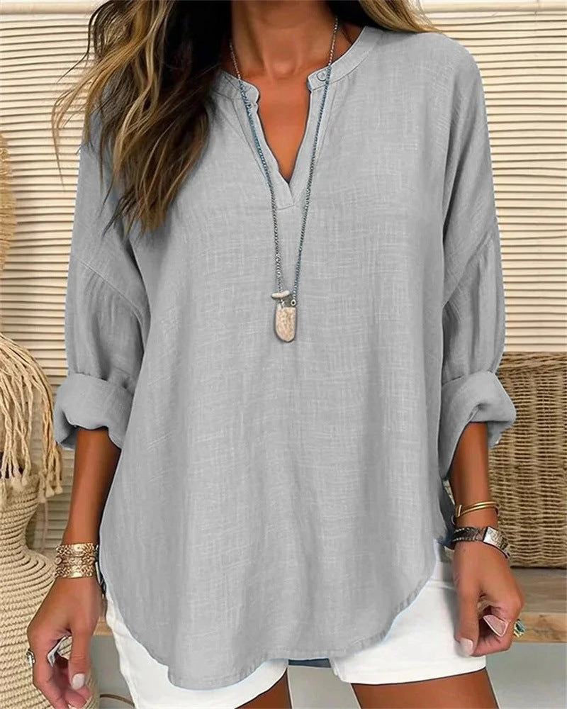 Women's Shirt with Long Sleeves – Relaxed Fit – Cotton Linen – Stand Collar V-neck