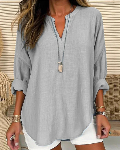Women's Shirt with Long Sleeves – Relaxed Fit – Cotton Linen – Stand Collar V-neck