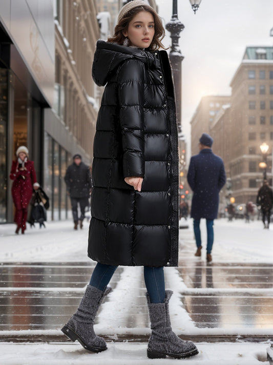 Women's Long Puffer Coat - Hooded Winter Outerwear - Stylish Quilted Desig