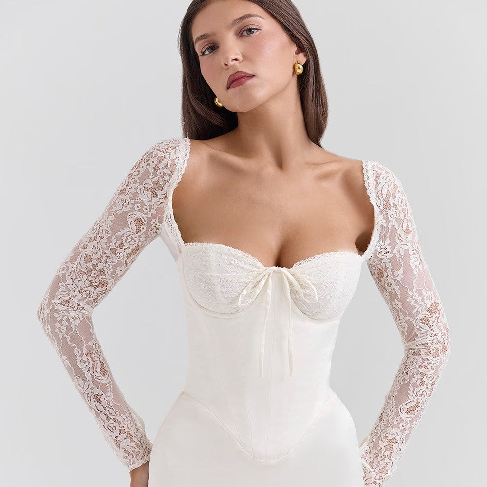 Dress for Women – Evening Long – Satin Bodycon – Lace Sleeves – Heart-Shaped Bustier