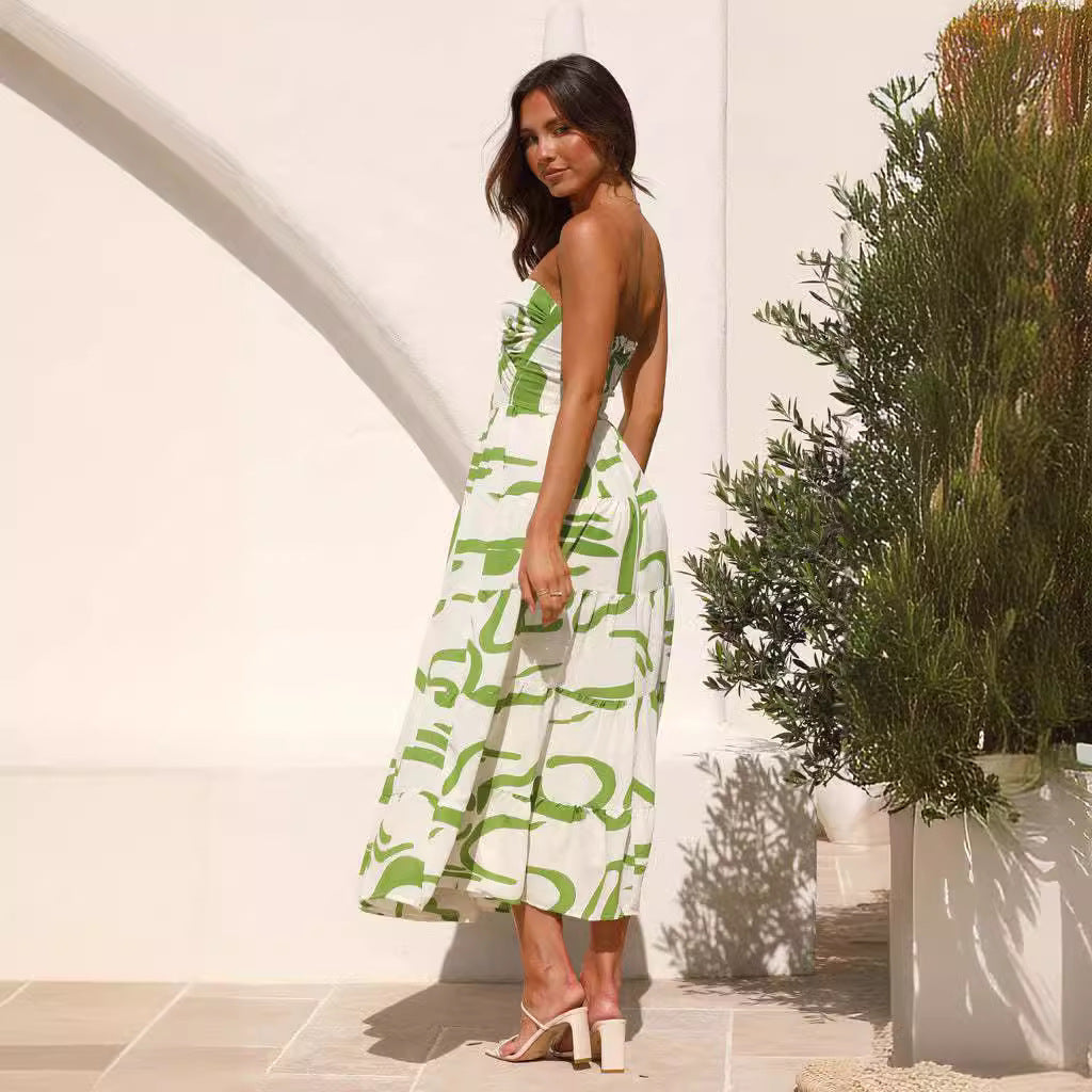 Women's Maxi Dress – Lightweight Fabric – A-Line Fit – V-Neck – Open Back with Tie Strings