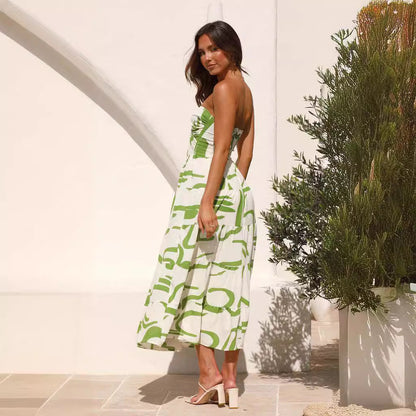 Women's Maxi Dress – Lightweight Fabric – A-Line Fit – V-Neck – Open Back with Tie Strings