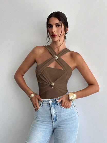 Women's Halter Top – Slim Fit – Cropped Fit – Ruched Front – Metallic Detail