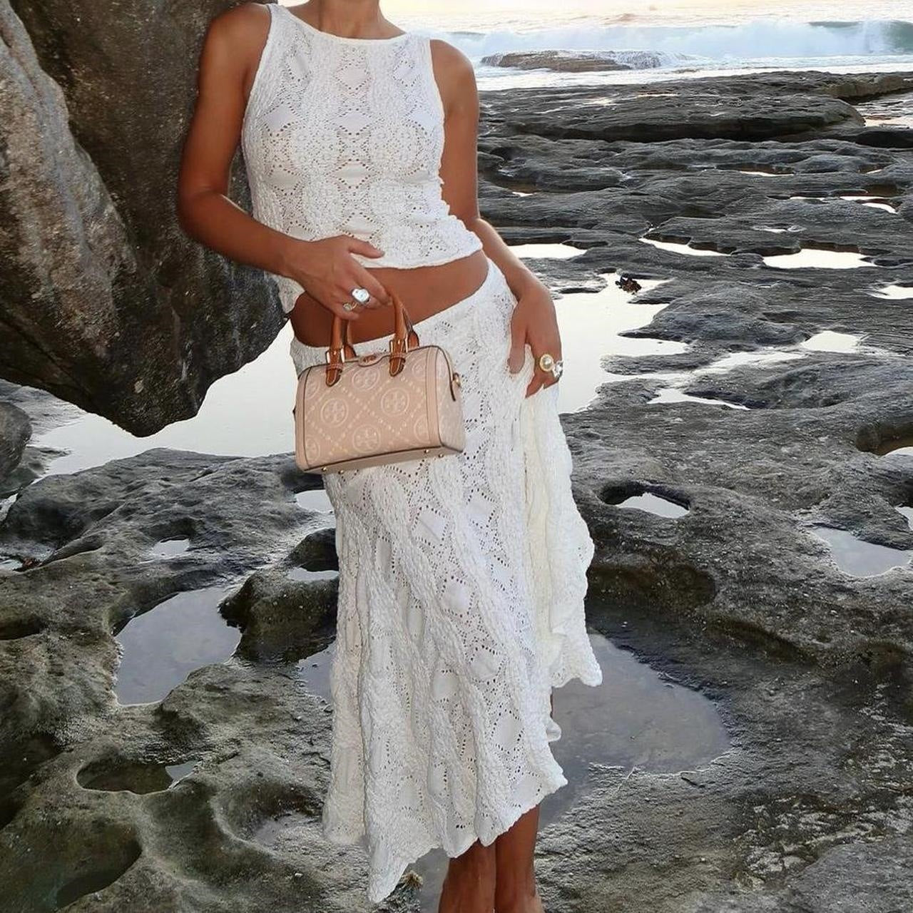 Women's Two-Piece Set – Sleeveless Crop Top – A-line Midi Skirt – Textured Lightweight