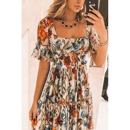 Women's Maxi Dress – Smocked Bodice – Flutter Sleeves – Tiered Skirt – Airy Fit