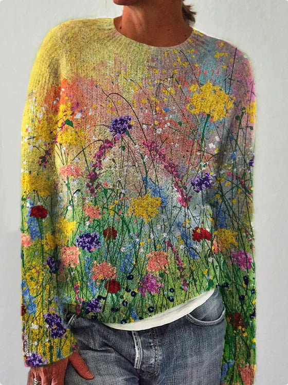 Women's Sweatshirt – Relaxed Fit – Wool – Embroidered Floral Design – Long-Sleeved