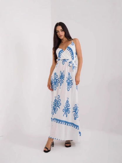 Women's Maxi Dress – Cotton – Sleeveless – V-Neck – Empire Waist – Print – Tie Belt