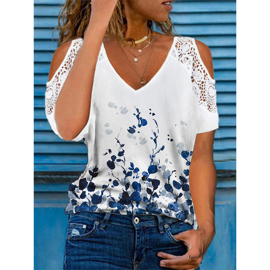 Women's Blouse – Relaxed Fit – Cold Shoulder – Lace Details – Floral Print – Breathable