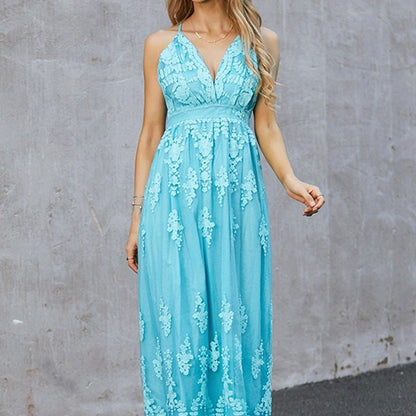 Maxi Dress for Women – Elegant Fit – Floral Embroidery – Sleeveless with Deep V-Neck
