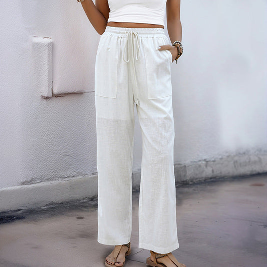 Women's Pants – Relaxed Fit – Straight Legs – Elastic Waist with Drawstring – Lightweight and Breathable