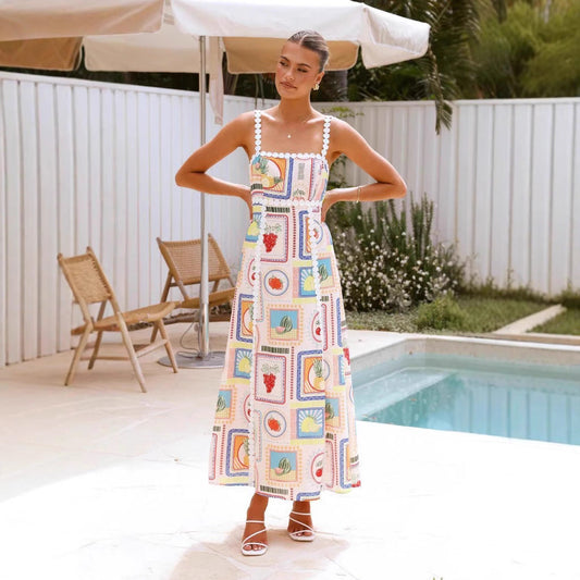 Women's Maxi Dress – Linen Blend – Geometric Pattern – Lace – Sleeveless Loose Fit