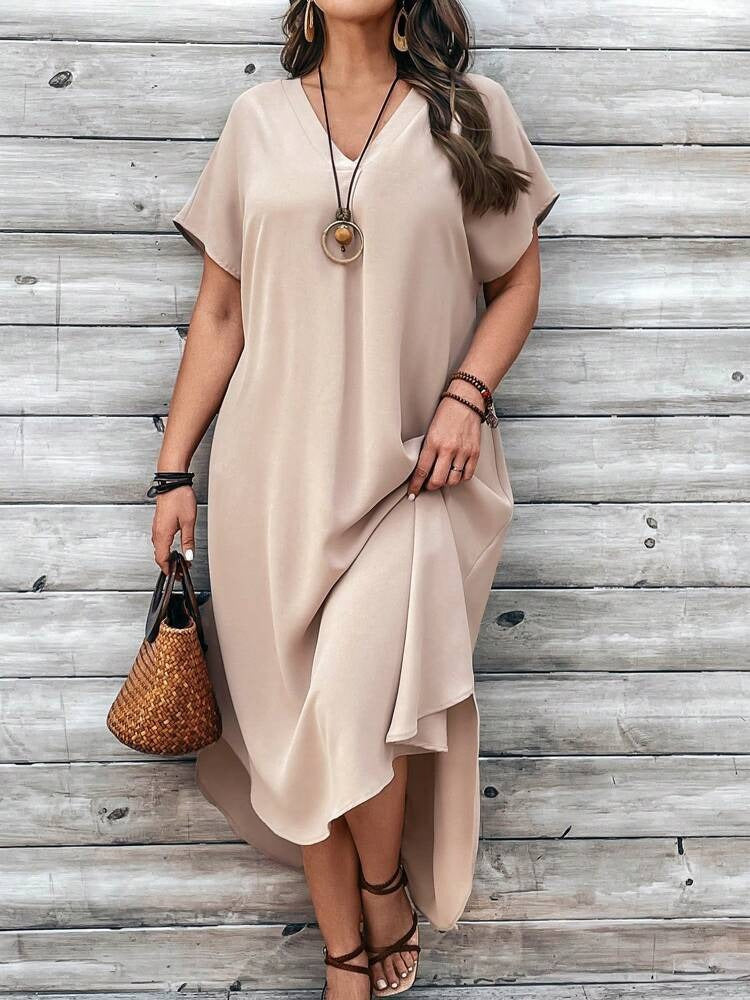 Women's Dress - Loose Fit - V-neck - Short Sleeves - Asymmetric Hem - Light and Airy