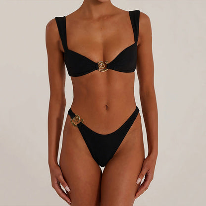 Women's Bikini Set – V-Neck with Cutout – High Waist – Stretchable Breathable Design – Metallic Detail