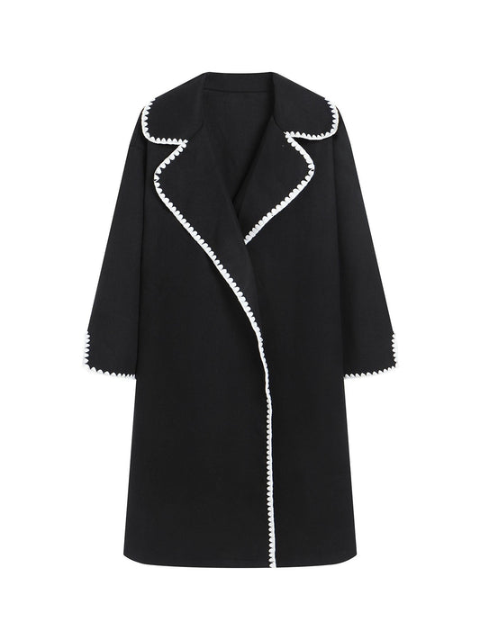Women's Windbreaker – Wool Texture – Oversized Fit – Open Front – Embroidered Lapel